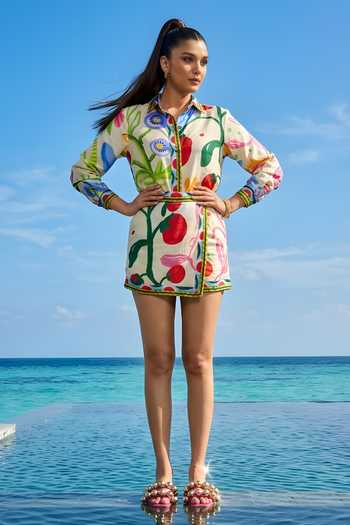 Buy_Poppi_Multi Color Bemberg Collared Printed Shirt And Skorts Set _at_Aza_Fashions