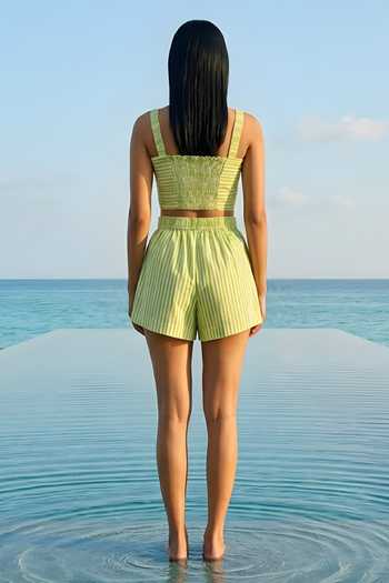 Shop_Poppi_Green Silk, Bemberg Collared, Square Neck Striped Shirt And Shorts Co-ord Set _at_Aza_Fashions