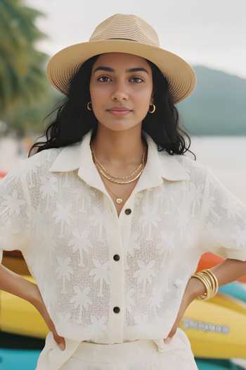 Buy_Poppi_White Cotton Collared Crochet Shirt And Shorts Set _Online_at_Aza_Fashions