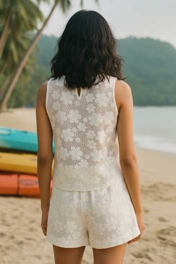 Shop_Poppi_White Cotton Scoop Neck Crochet Top And Shorts Set _at_Aza_Fashions