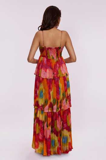 Shop_Poppi_Multi Color Bemberg Bandeau Neck Printed Dress _at_Aza_Fashions