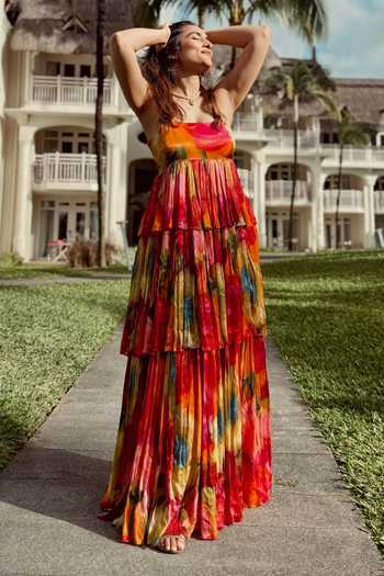 Buy_Poppi_Multi Color Bemberg Bandeau Neck Printed Dress _at_Aza_Fashions