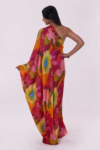 Shop_Poppi_Multi Color Bemberg One Shoulder Floral Print Kaftan _at_Aza_Fashions