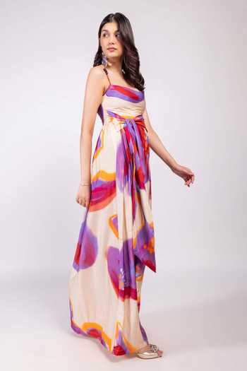 Buy_Poppi_Multi Color Bemberg Cowl Neck Printed Dress _at_Aza_Fashions