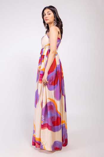 Buy_Poppi_Multi Color Bemberg Cowl Neck Printed Dress _Online_at_Aza_Fashions
