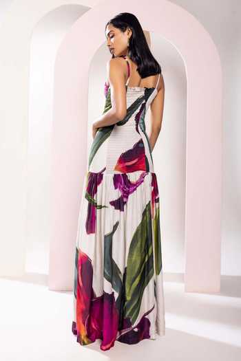 Shop_Poppi_Green Bemberg Square Neck Ruched Floral Print Maxi Dress _at_Aza_Fashions