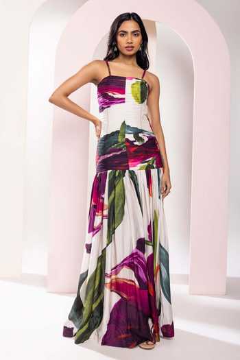 Buy_Poppi_Green Bemberg Square Neck Ruched Floral Print Maxi Dress _at_Aza_Fashions