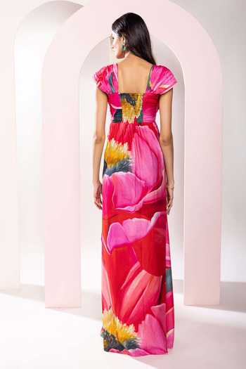 Shop_Poppi_Multi Color Bemberg Square Neck Printed Pleated Maxi Dress _at_Aza_Fashions