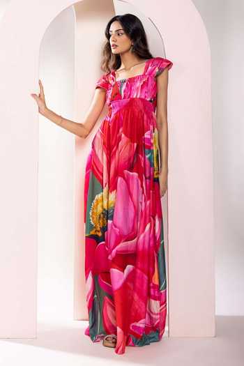 Buy_Poppi_Multi Color Bemberg Square Neck Printed Pleated Maxi Dress _at_Aza_Fashions