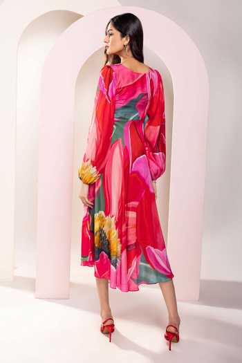 Shop_Poppi_Multi Color Bemberg Floral Print Balloon Sleeve Midi Dress _at_Aza_Fashions
