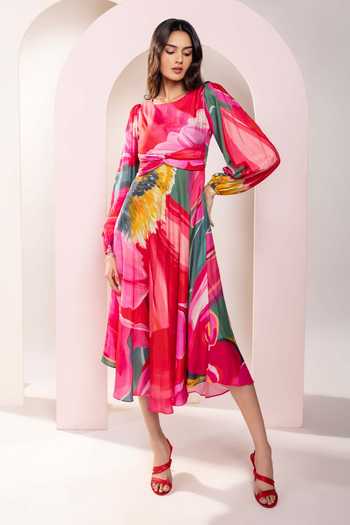Buy_Poppi_Multi Color Bemberg Floral Print Balloon Sleeve Midi Dress _at_Aza_Fashions