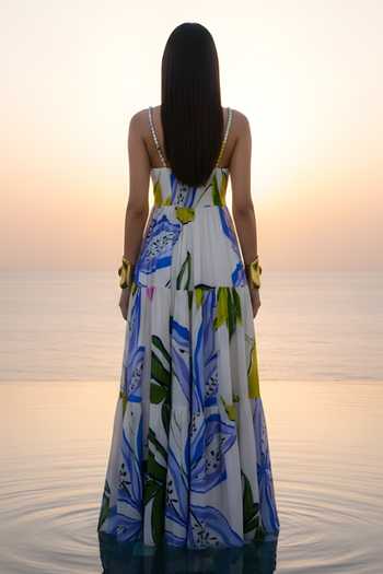 Shop_Poppi_Multi Color Bemberg Square Neck Abstract Print Silk Maxi Dress _at_Aza_Fashions