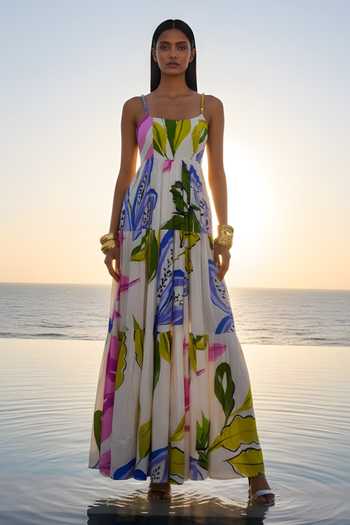Buy_Poppi_Multi Color Bemberg Square Neck Abstract Print Silk Maxi Dress _at_Aza_Fashions