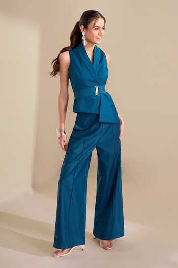 Shop_Naintara Bajaj_Teal Lycra Shawl Neck Asymmetric Crisp Structured Waistcoat _Online_at_Aza_Fashions