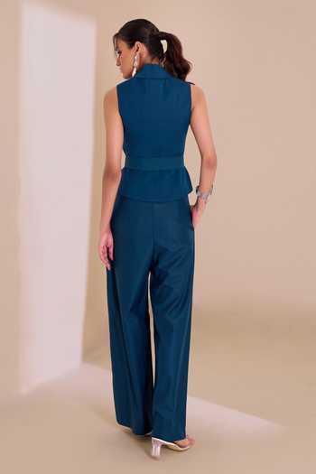 Naintara Bajaj_Teal Lycra V-neck Asymmetric Waistcoat And Trouser Set _Online_at_Aza_Fashions