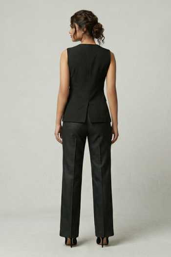 Shop_The Pretty Things by Priyanka B. Sahani_Black Crepe V-neck Metallic Charm Embellished Waistcoat With Trouser _at_Aza_Fashions