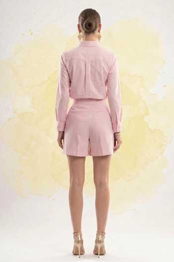 Shop_The Pretty Things by Priyanka B. Sahani_Pink Cotton Collared Hand Embroidered Shirt And Shorts Set _at_Aza_Fashions