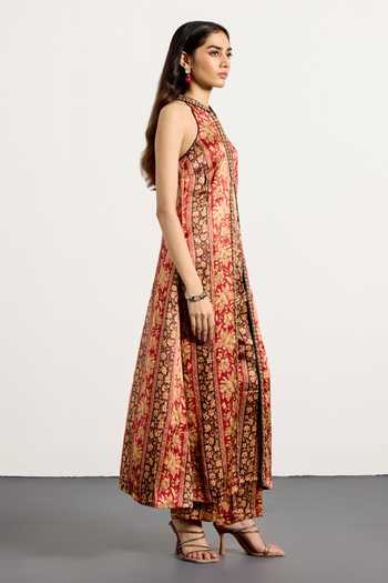 RI.Ritu Kumar_Beige Crepe, Rayon Halter Neck Chameli Print Kurta And Pant Set _Online_at_Aza_Fashions