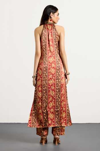 Shop_RI.Ritu Kumar_Beige Crepe, Rayon Halter Neck Chameli Print Kurta And Pant Set _at_Aza_Fashions