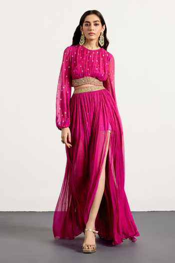 Buy_RI.Ritu Kumar_Fuchsia Silk, Chiffon Round Neck Brocade Woven Top And Skirt Set _at_Aza_Fashions
