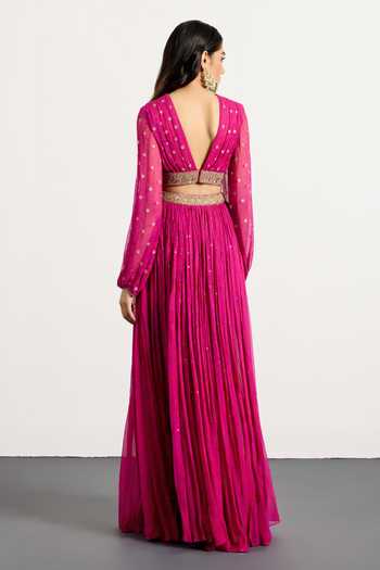 Shop_RI.Ritu Kumar_Fuchsia Silk, Chiffon Round Neck Brocade Woven Top And Skirt Set _at_Aza_Fashions