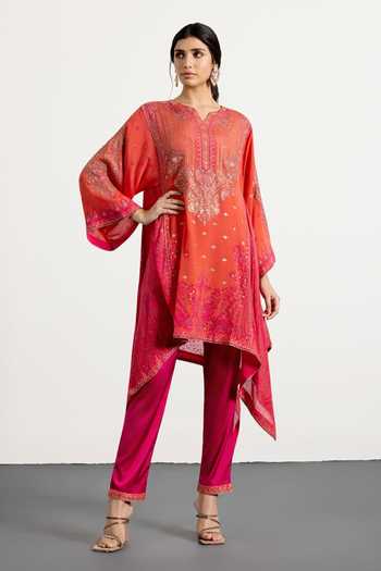 Buy_RI.Ritu Kumar_Fuchsia Silk, Chinon, Viscose, Satin, Spandex Split Printed Kurta And Pant Set _at_Aza_Fashions