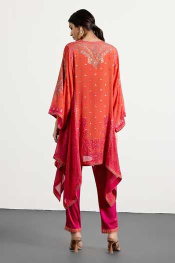 Shop_RI.Ritu Kumar_Fuchsia Silk, Chinon, Viscose, Satin, Spandex Split Printed Kurta And Pant Set _at_Aza_Fashions