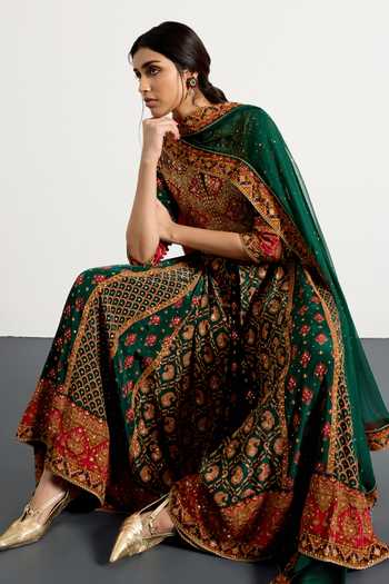 RI.Ritu Kumar_Green Rayon, Crepe, Chiffon, Viscose Embroidery Vista Printed Kurta Palazzo Set _Online_at_Aza_Fashions