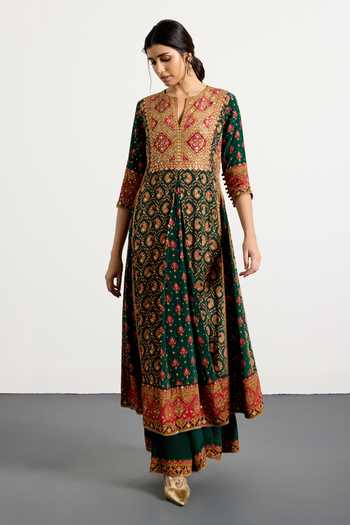 RI.Ritu Kumar_Green Rayon, Crepe, Chiffon, Viscose Embroidery Vista Printed Kurta Palazzo Set _at_Aza_Fashions