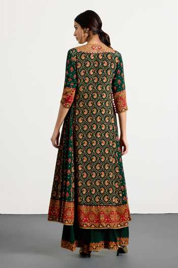 Shop_RI.Ritu Kumar_Green Rayon, Crepe, Chiffon, Viscose Embroidery Vista Printed Kurta Palazzo Set _at_Aza_Fashions