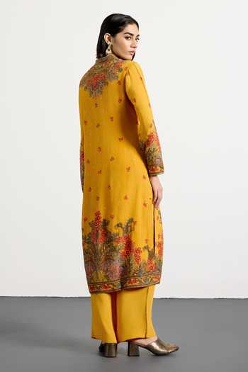 Shop_RI.Ritu Kumar_Yellow Crepe, Rayon, Chiffon, Viscose Dahlia Print Kurta Set _at_Aza_Fashions