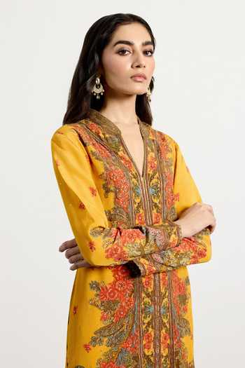RI.Ritu Kumar_Yellow Crepe, Rayon, Chiffon, Viscose Dahlia Print Kurta Set _Online_at_Aza_Fashions