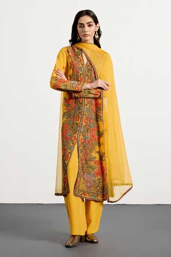 Buy_RI.Ritu Kumar_Yellow Crepe, Rayon, Chiffon, Viscose Dahlia Print Kurta Set _at_Aza_Fashions