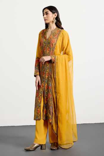 RI.Ritu Kumar_Yellow Crepe, Rayon, Chiffon, Viscose Dahlia Print Kurta Set _at_Aza_Fashions