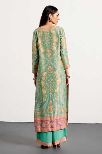 Shop_RI.Ritu Kumar_Pink Dupion, Chiffon, Viscose Boat Neck Sreshtha Floral Print Kurta Set _at_Aza_Fashions