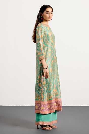 Buy_RI.Ritu Kumar_Pink Dupion, Chiffon, Viscose Boat Neck Sreshtha Floral Print Kurta Set _Online_at_Aza_Fashions
