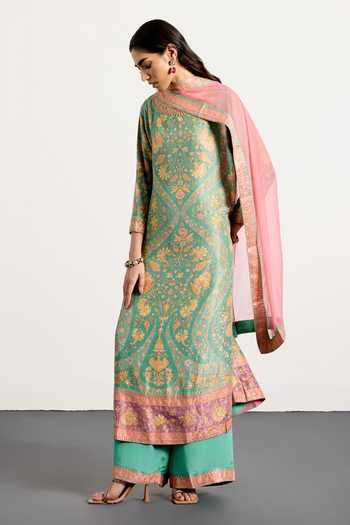 Buy_RI.Ritu Kumar_Pink Dupion, Chiffon, Viscose Boat Neck Sreshtha Floral Print Kurta Set _at_Aza_Fashions