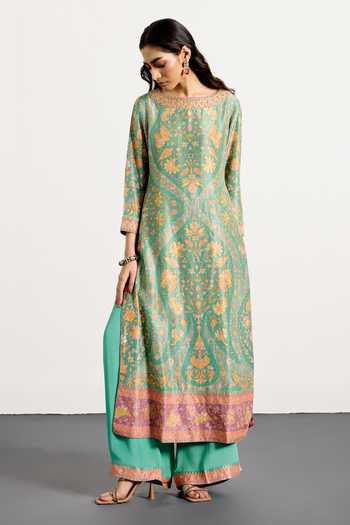 RI.Ritu Kumar_Pink Dupion, Chiffon, Viscose Boat Neck Sreshtha Floral Print Kurta Set _at_Aza_Fashions
