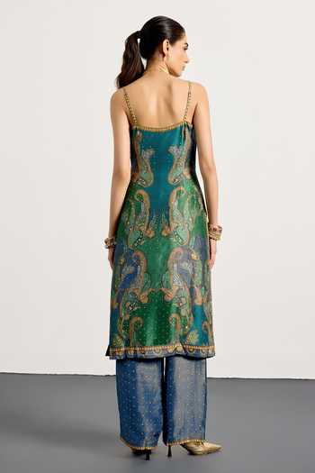 Shop_RI.Ritu Kumar_Blue Dupion, Crepe, Rayon, Net, Polyester Off-shoulder, Paisley Print Kurta Set _at_Aza_Fashions