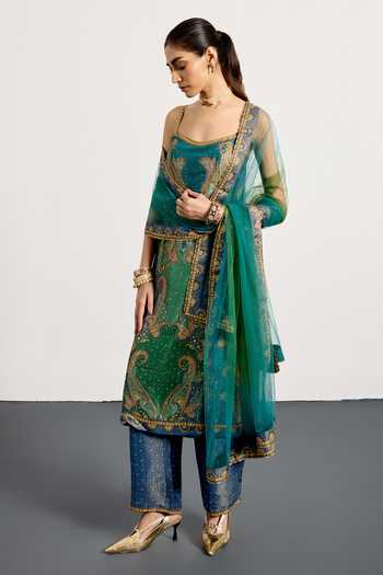 Buy_RI.Ritu Kumar_Blue Dupion, Crepe, Rayon, Net, Polyester Off-shoulder, Paisley Print Kurta Set _Online_at_Aza_Fashions