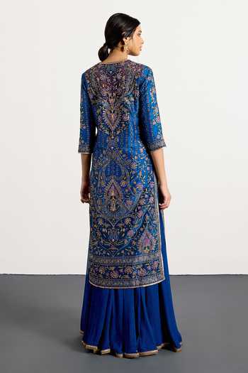 Shop_RI.Ritu Kumar_Blue Dupion, Chiffon, Viscose Split V-neck Prisha Printed Kurta Gharara Set _at_Aza_Fashions