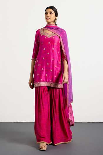 Buy_RI.Ritu Kumar_Fuchsia Dupion, Chiffon, Viscose, Chinon Zardozi Embroidered Kurta Gharara Set _at_Aza_Fashions