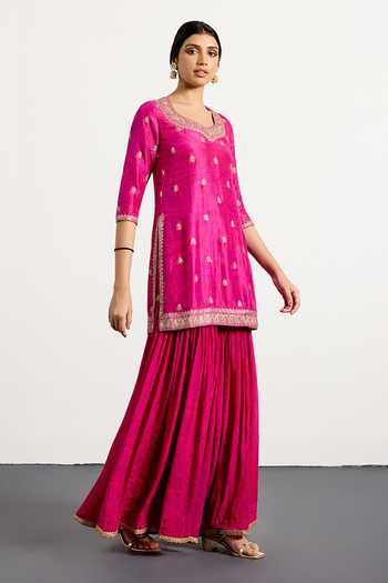 RI.Ritu Kumar_Fuchsia Dupion, Chiffon, Viscose, Chinon Zardozi Embroidered Kurta Gharara Set _Online_at_Aza_Fashions