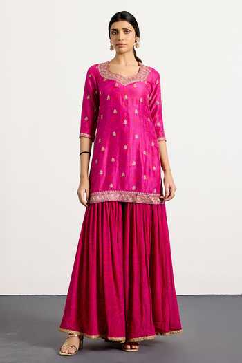 Shop_RI.Ritu Kumar_Fuchsia Dupion, Chiffon, Viscose, Chinon Zardozi Embroidered Kurta Gharara Set _at_Aza_Fashions