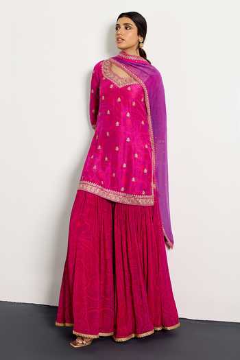 Buy_RI.Ritu Kumar_Fuchsia Dupion, Chiffon, Viscose, Chinon Zardozi Embroidered Kurta Gharara Set _Online_at_Aza_Fashions