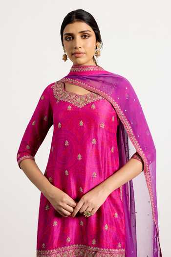 Shop_RI.Ritu Kumar_Fuchsia Dupion, Chiffon, Viscose, Chinon Zardozi Embroidered Kurta Gharara Set _Online_at_Aza_Fashions