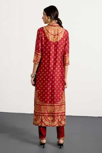 Shop_RI.Ritu Kumar_Red Dupion, Satin, Viscose, Spandex, Chinon Split Nazia Floral Print Kurta Set _at_Aza_Fashions