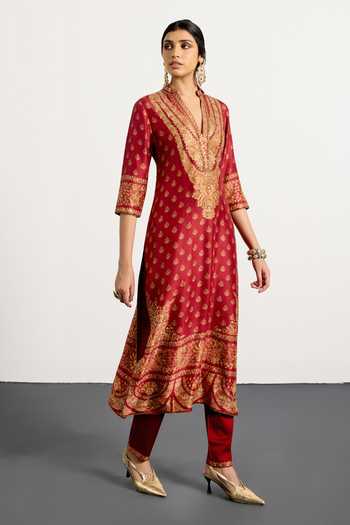 Buy_RI.Ritu Kumar_Red Dupion, Satin, Viscose, Spandex, Chinon Split Nazia Floral Print Kurta Set _Online_at_Aza_Fashions