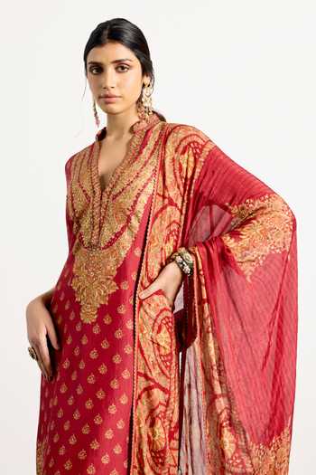 RI.Ritu Kumar_Red Dupion, Satin, Viscose, Spandex, Chinon Split Nazia Floral Print Kurta Set _at_Aza_Fashions