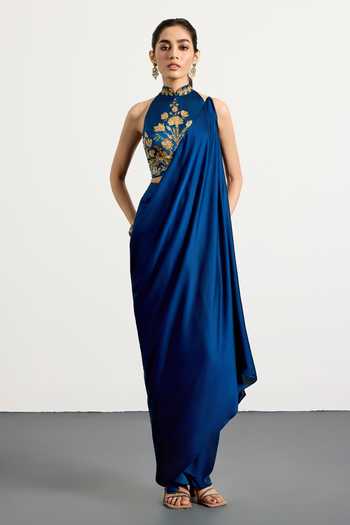 Shop_RI.Ritu Kumar_Blue Silk, Satin, Viscose, Spandex Halter Neck Embroidered Blouse Skirt Set _Online_at_Aza_Fashions